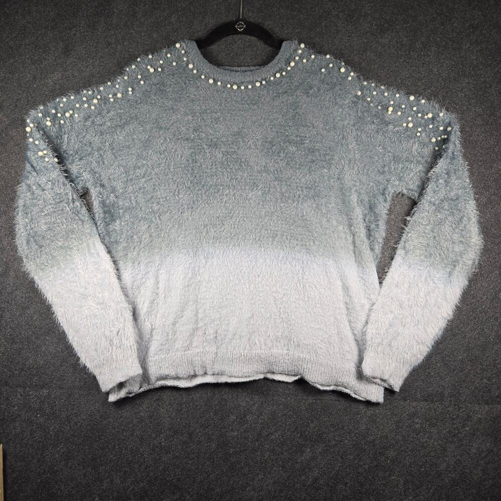 Gray Ombre Cropped Cozy Warm Soft Pearl Trim Eyelash Long Sleeve Large Sweater